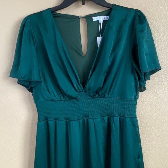 Baltic Born New Size L Prague Satin Smocked Empire‎ Waist Maxi Dress Dark Green - Picture 7 of 15